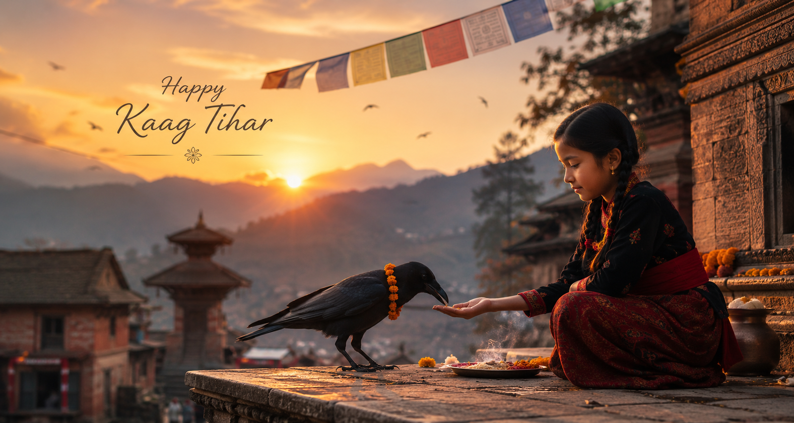 A Nepali girl offering food to a crow at sunrise for Kaag Tihar