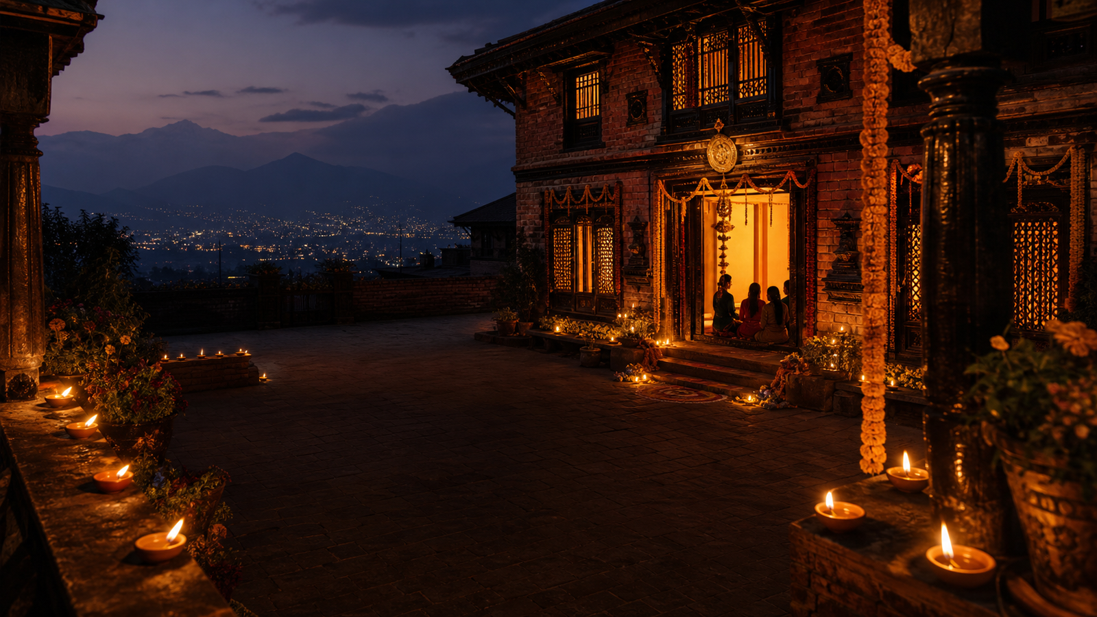 A Nepali courtyard decorated with diyas and rangoli for Tihar