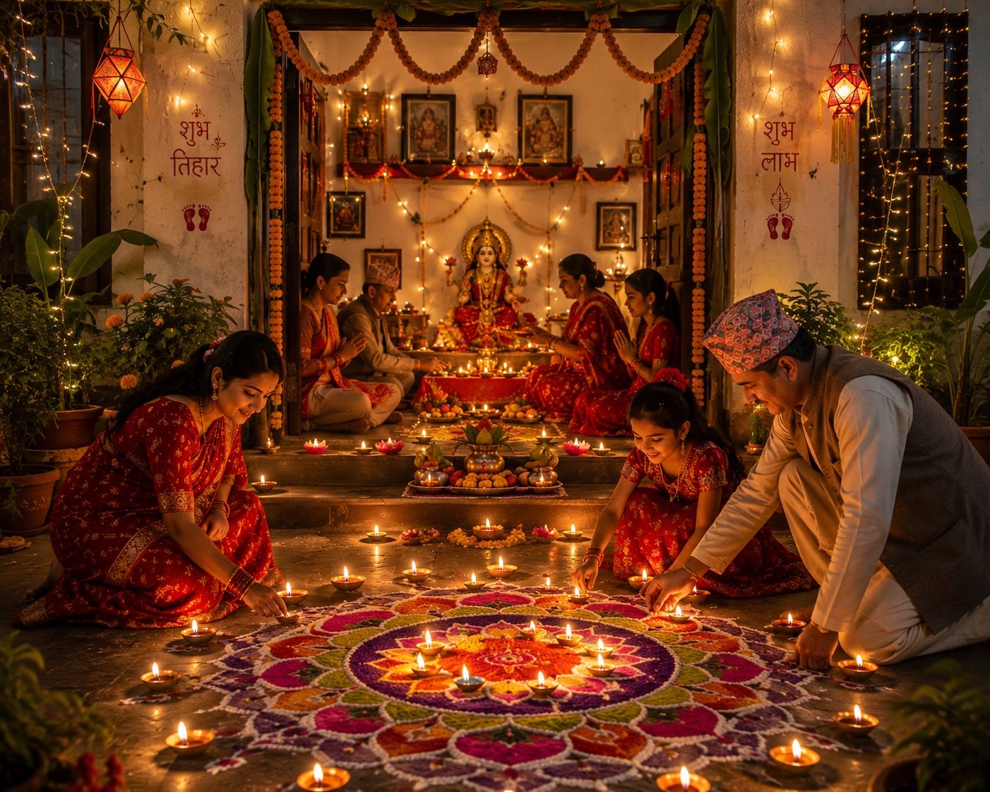 A Nepali family making a colourful rangoli surrounded by diyas
