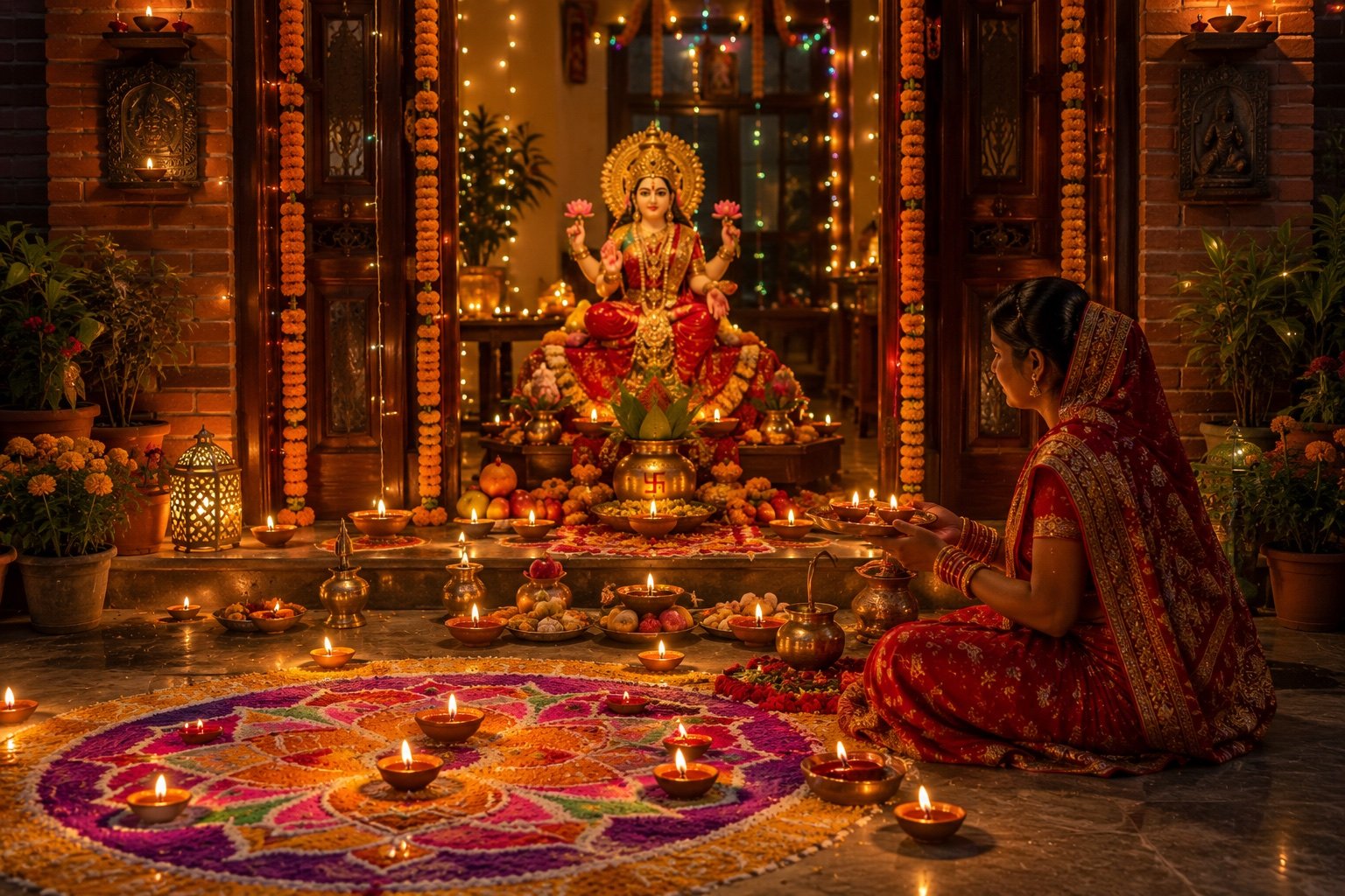 A woman performing Laxmi Puja before a decorated shrine